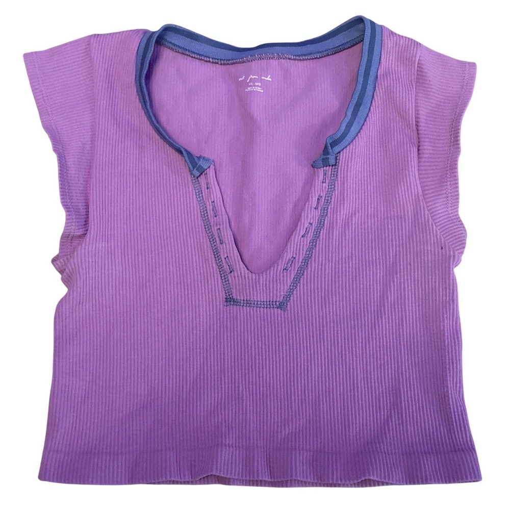 Out From Under Purple Ribbed Cap Sleeve Cropped Top Contrast‎ Trim M/L